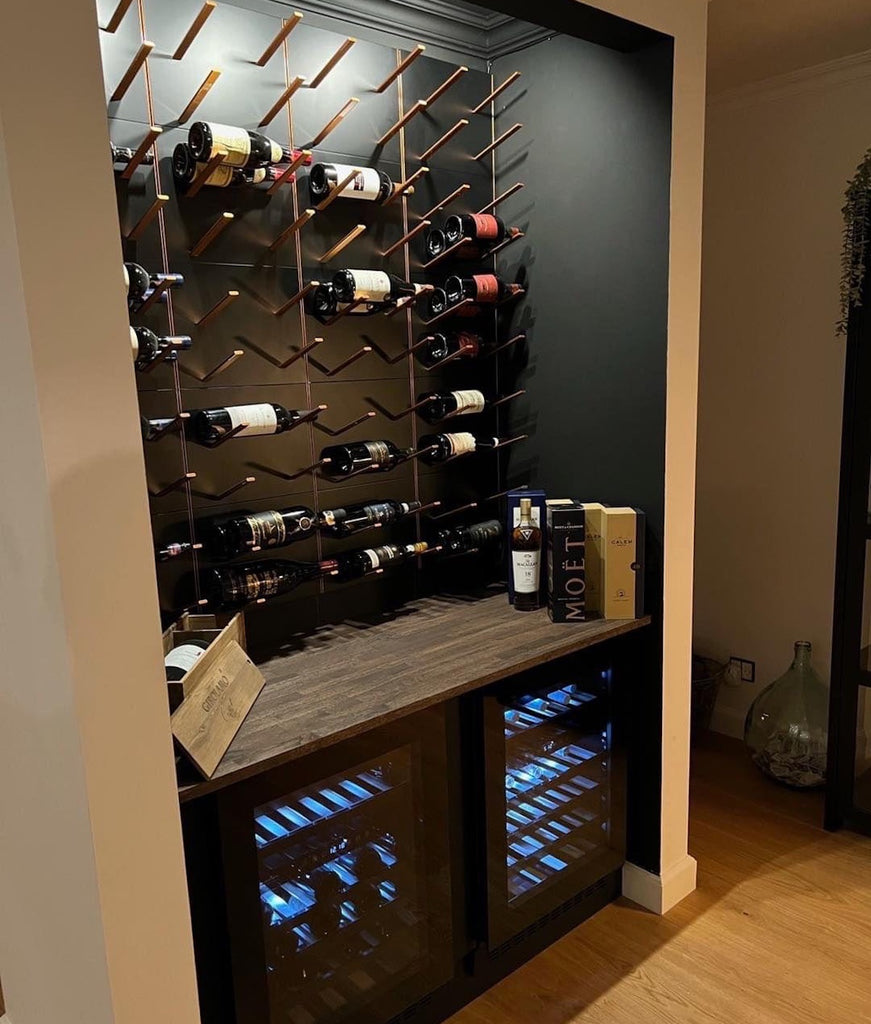 home wine bar display with wine fridge