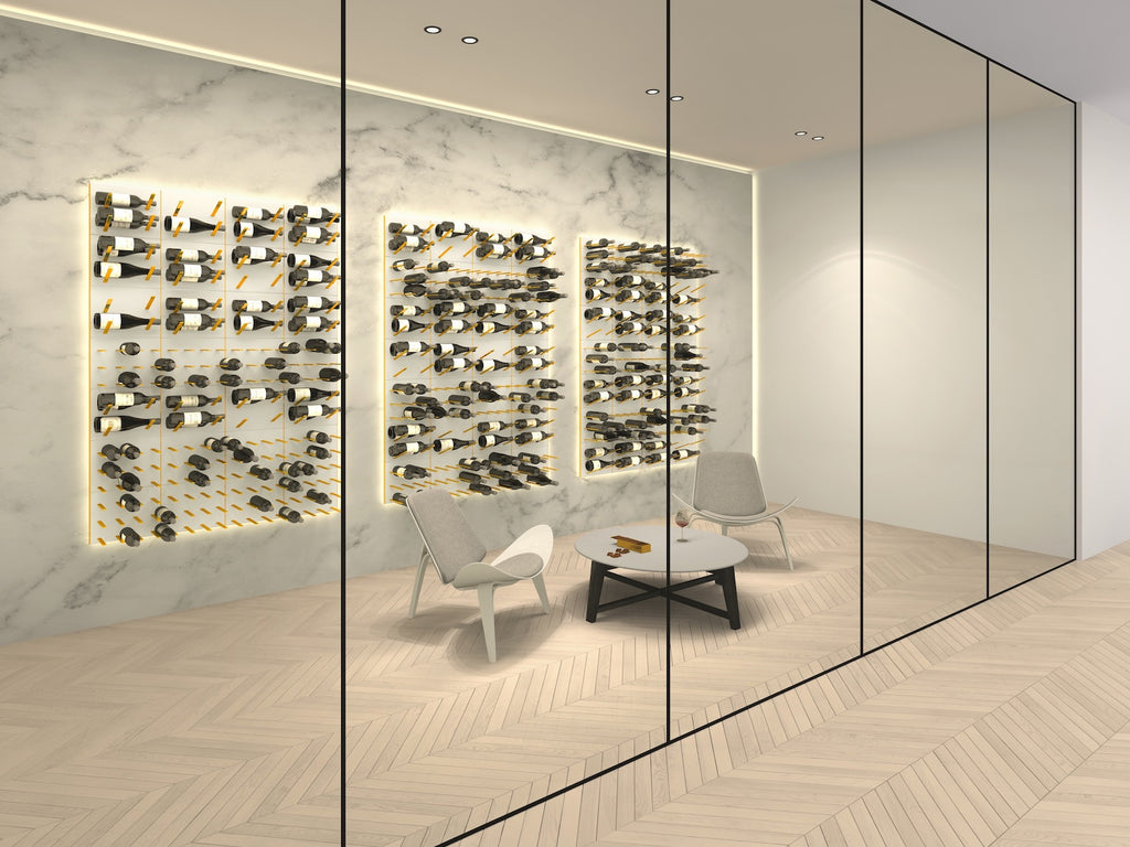 white panels & gold pegs luxury wine cellar