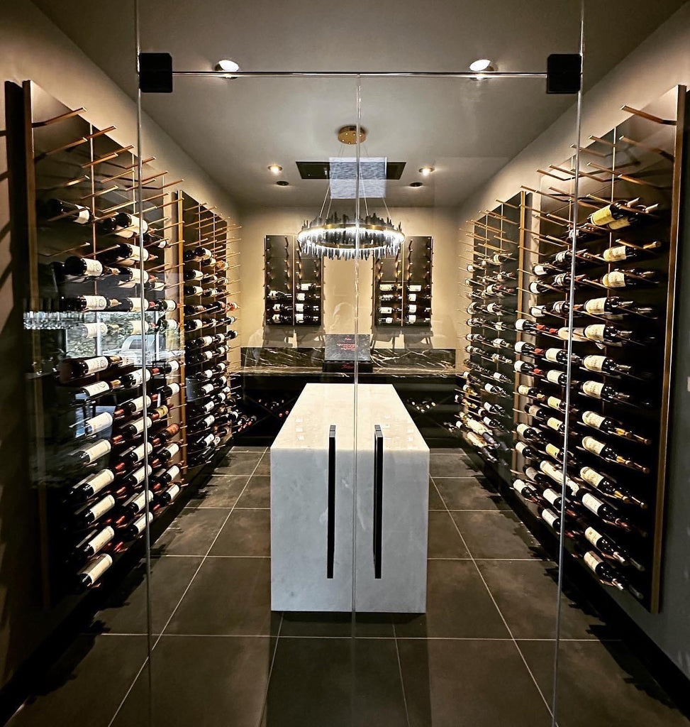 luxury wine room with black and gold wine racking