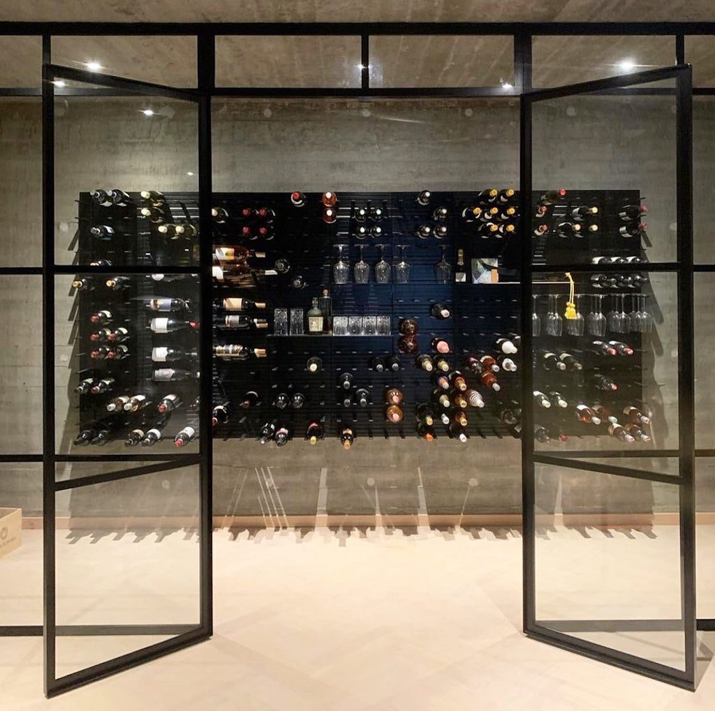 metal and glass wine room