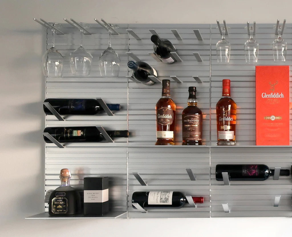metal wall shelf system for wine and liqour