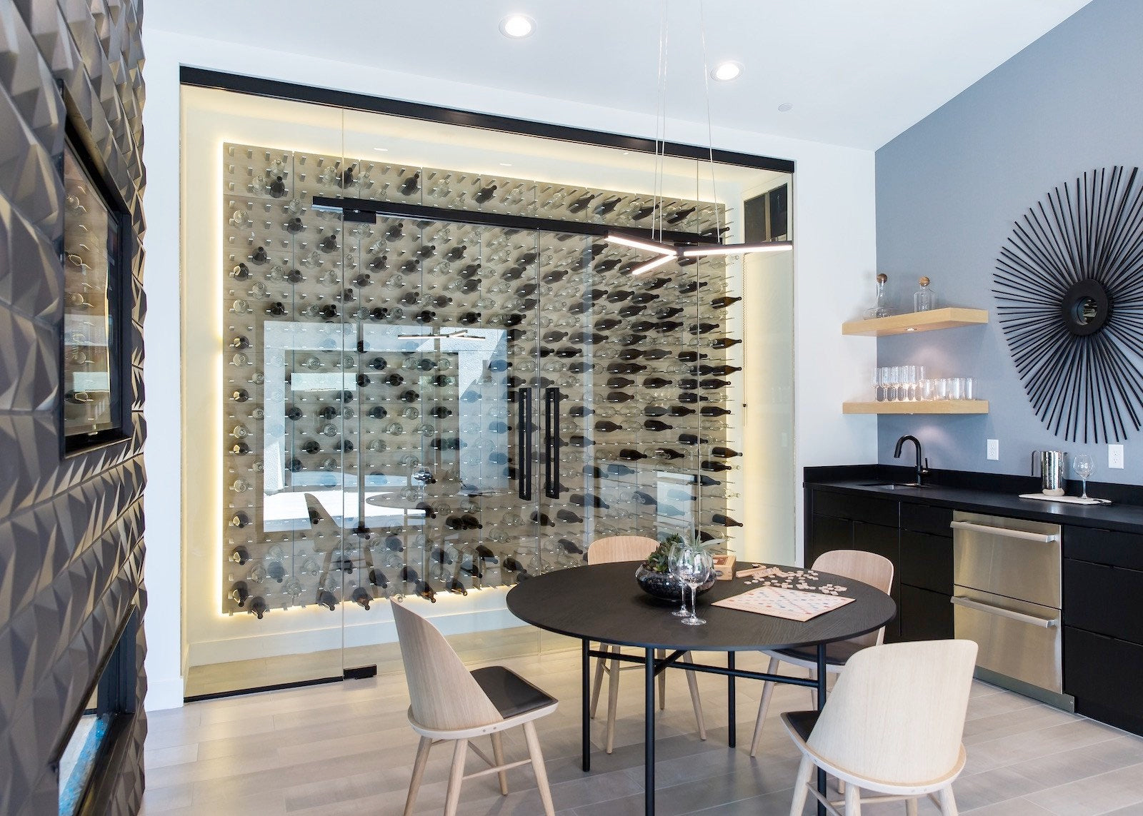 White oak STACT Premier wine cellar storage panels with silver anodized aluminum hardware.