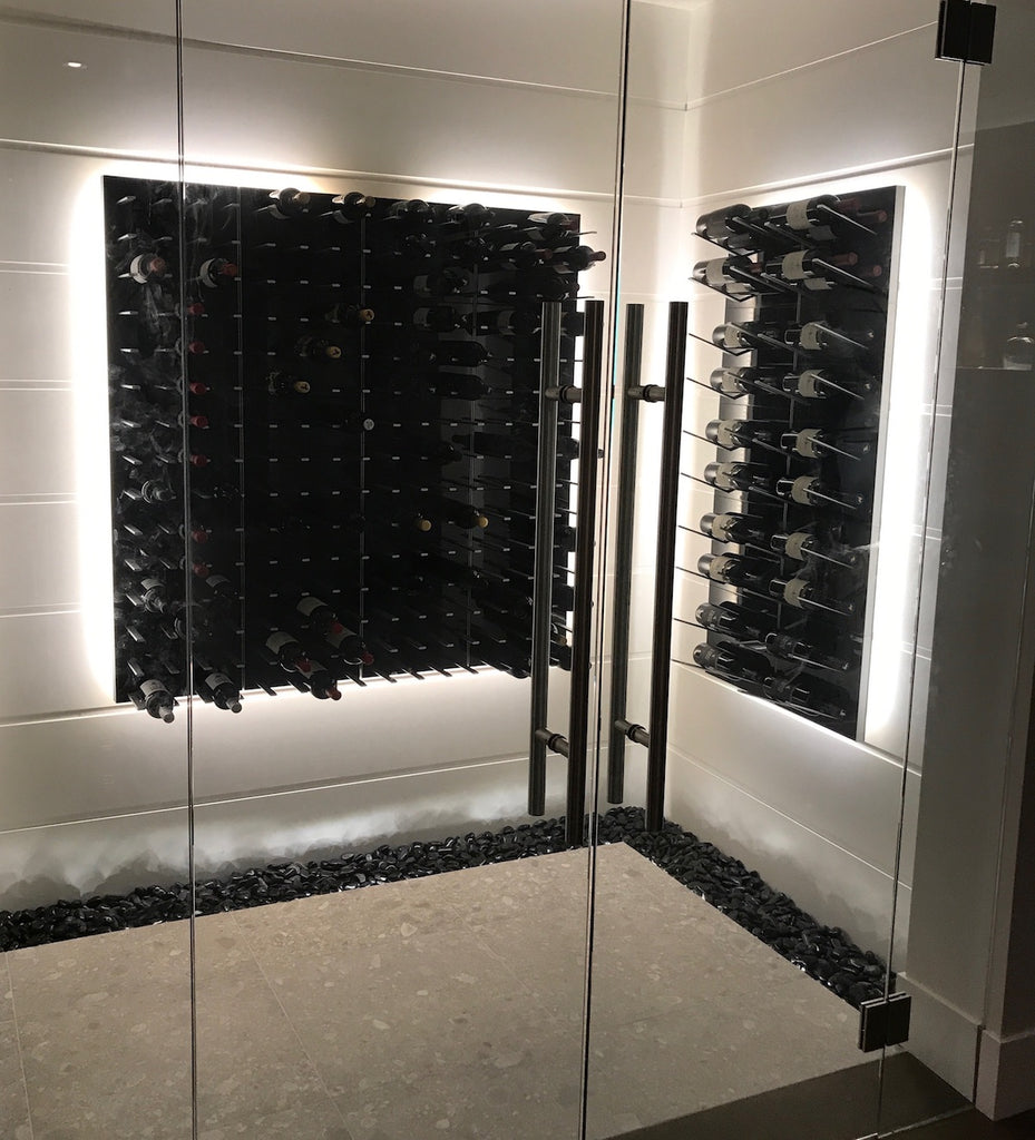 wine room with gloss black wine panels