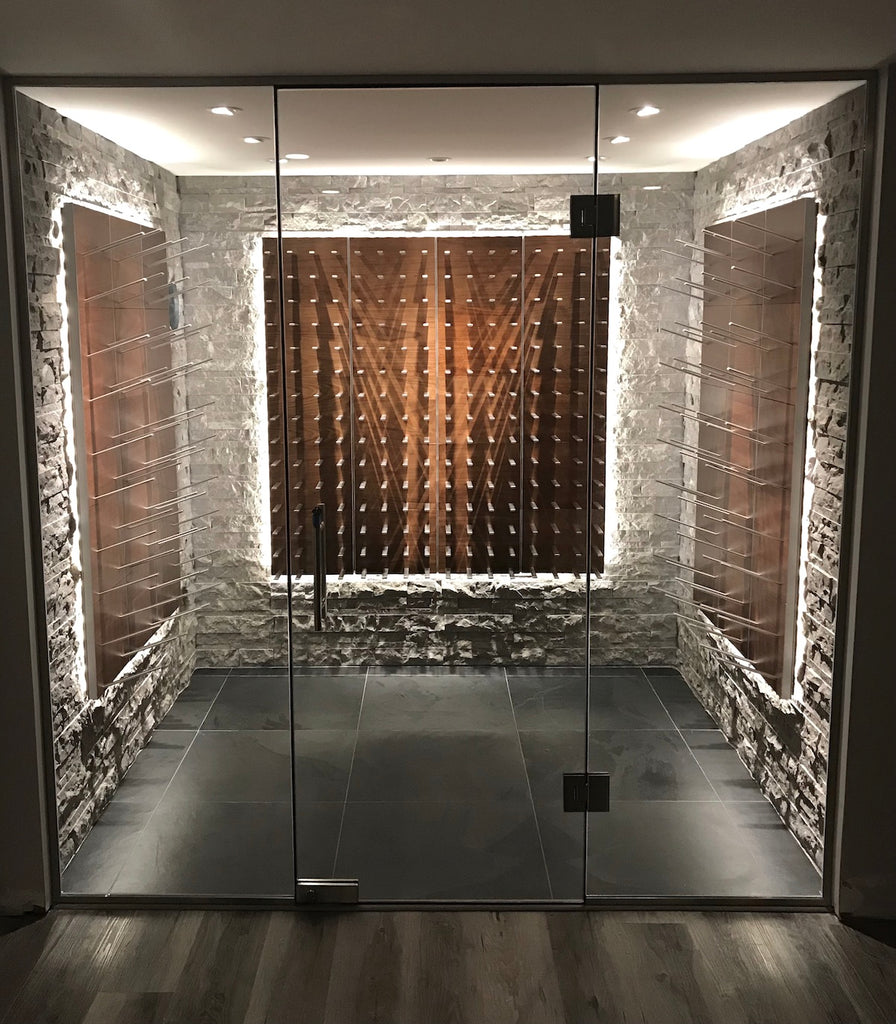 wood metal and glass wine room